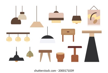 Various styles of lamps and tables for the interior. flat design style minimal vector illustration.