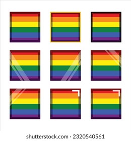 various styles of LGBTQ+ square with shadow icon. Pride month vector icon. Rainbow love concept. Human rights and tolerance. LGBT gay and lesbian pride symbols, Vector illustration isolated