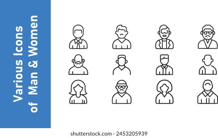 Various styles of male icons like men, women, children, old men, etc. 