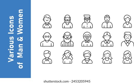 Various styles of male icons like men, women, children, old men, etc. 
