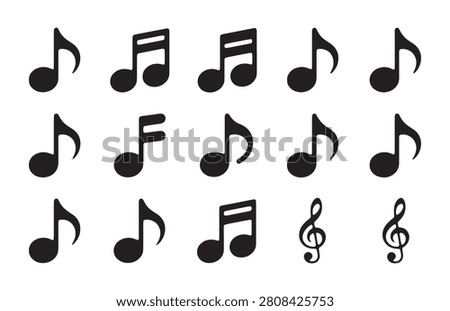 Various styles of musical notes and clefs isolated on white background representing melody rhythm and sheet music.