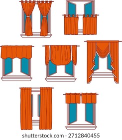 Varios estilos de cortinas y cortinas naranjas se muestran en las ventanas, mostrando diferentes diseños y métodos de colgar.