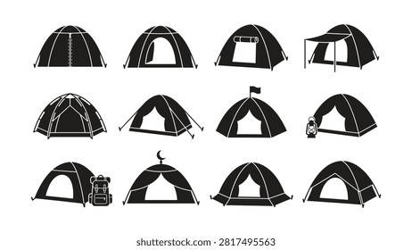 Various styles of outdoor camping tents for adventure enthusiasts shown in simple forms
