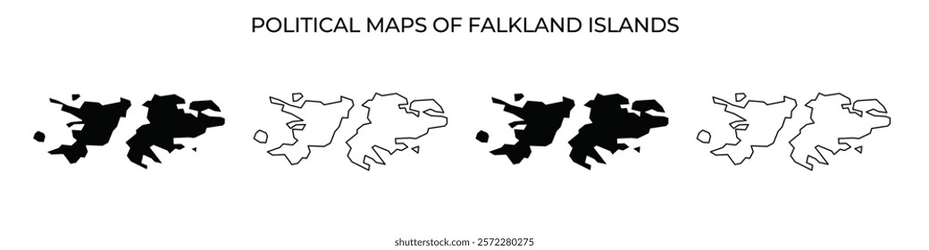 Various styles of political maps represent the Falkland Islands, showcasing the islands shapes and outlines with different color contrasts and detail levels.