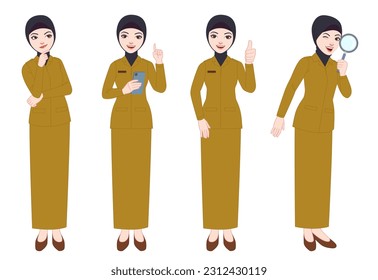 various styles and poses of beautiful Indonesian civil servants wearing uniforms and hijabs