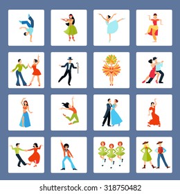 Various styles solo and pairs dancing with social ethnic and latin dances isolated vector illustration