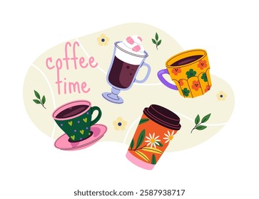 Various stylish coffee cups and mugs with different patterns and colors, accompanied by the text coffee time on a soft pastel background with floral elements. Vector illustration