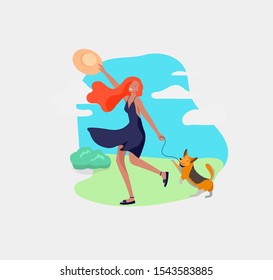 Various stylish girl with her dog character go outdoor on street in summer clothes. Summer hot sunny weather. Colored trendy cartoon