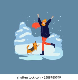 Various stylish happy girl and her dog character go on street in warm clothes. Winter snowfall weather. Happy New Year. Colored trendy cartoon vector illustration