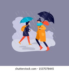 Various stylish people character go on street under umbrellas in warm clothes. Autumn rainy weather. Colored trendy cartoon vector illustration