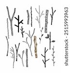 Various stylized branches and twigs, featuring diverse patterns, textures, and twig arrangements with leaves on a plain background.