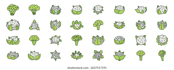 Various stylized broccoli and cauliflower icons represent healthy eating, vegetarian and vegan diets, and farm fresh produce