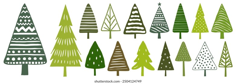 Various stylized Christmas trees with unique patterns on a white background