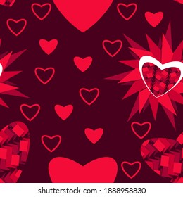 Various stylized hearts, arranged in a chaotic manner over a dark red background. Vector illustration