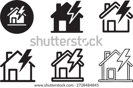Various stylized house icons featuring lightning bolts, representing home insurance, property damage, or energy concerns.