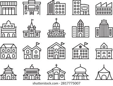 Various stylized icons of different types of buildings and architectural styles isolated on transparent background