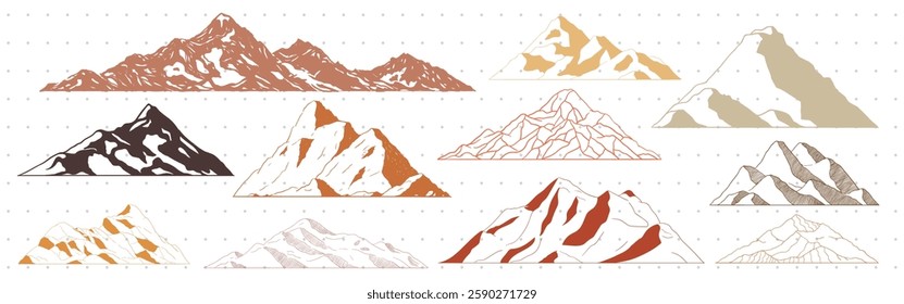 Various stylized mountain illustrations in earthy tones. Mountains in brown, beige, and red hues. Artistic mountain designs on a dotted background. Nature elements, vector set.