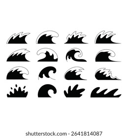 Various stylized ocean wave illustrations isolated on white background