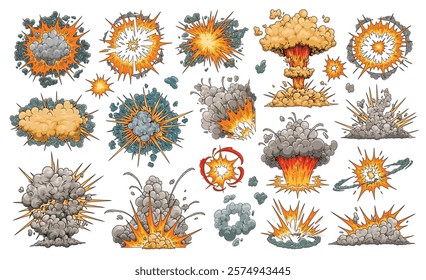 Various stylized portrayals of explosions and fireballs are displayed. Each design features different colors and shapes showcasing dynamic bursts of energy and smoke.