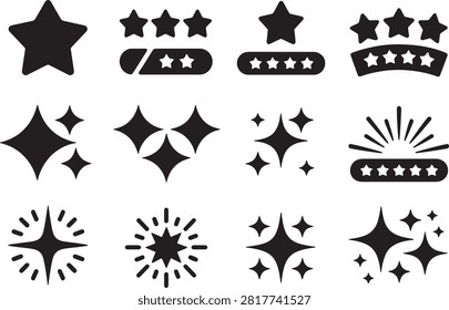 Various stylized star and rating badge icons isolated on transparent background