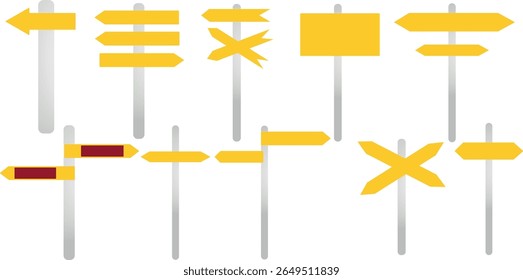 Various stylized yellow and red vector signposts pointing directions for use in graphic design or illustrating navigation concepts.