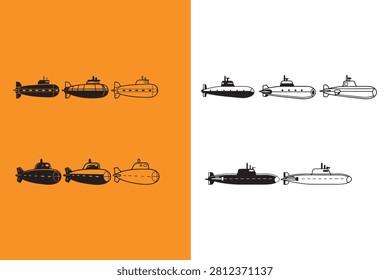 Various submarine designs and styles in different colors and backgrounds naval architecture