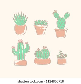 Various succulents cactus types in flowerpots vector illustration linear cute sketch set