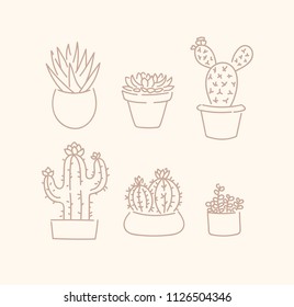 Various succulents cactus types in flowerpots outline vector illustration linear cute sketch set