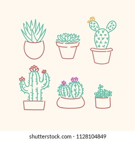 Various succulents cactus types in flowerpots vector illustration linear cute sketch set