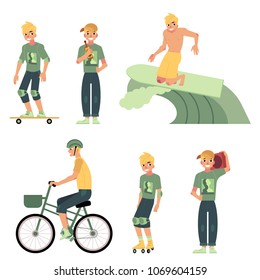 Various summer active recreations set - young boy with blonde hair riding bike, rollerskating, surfing, skateboarding, listening to music on boombox and drinking. Isolated vector illustration.