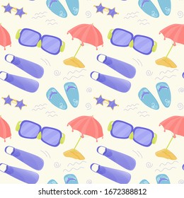 Diversos atributos de verano como copas de sol, paraguas, arena, aletas y zapatillas de color naranja, azul y violeta.Patrón sin problemas. Ilustración vectorial plana
