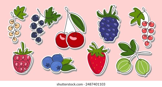 Various Summer Berries sticker set. Hand drawn Doodle abstract icon Blueberry, Strawberry, raspberry, gooseberry, Currant, cherry, blackberry isolated. Fruit food elements for design