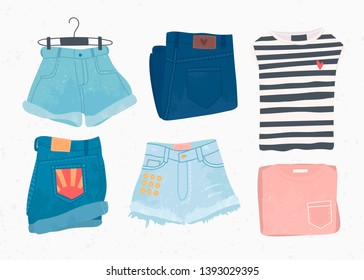 Various summer clothes. Shorts, skirt, jeans pants, t-shirt. Hand drawn vector set. Colored trendy fashion illustration. Stamp texture. All elements are isolated