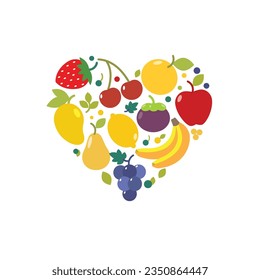 Various summer fruits are laid out in the shape of a heart vector