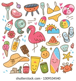 various summer kawaii doodle set