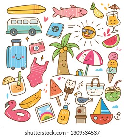 Various summer related object in kawaii style illustration