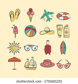 Verschiedene Sommerthemensymbole: Sonne, Flugzeug, Sonnenschutzmittel, Strandschuhe, Rettungsschwimmer, Segelboot, Brille, Sonnenschirm, Hut, Surfbrett, Koffer und Eis.