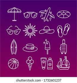 Various summer theme icons: sun, plane, sunscreen, beach slippers, life buoy, sailboat, glasses, beach umbrella, hat, surfboard, suitcase and ice cream.