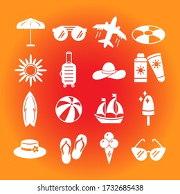 Various summer theme icons: sun, plane, sunscreen, beach slippers, life buoy, sailboat, glasses, beach umbrella, hat, surfboard, suitcase and ice cream.