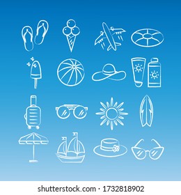 Various summer theme icons: sun, plane, sunscreen, beach slippers, life buoy, sailboat, glasses, beach umbrella, hat, surfboard, suitcase and ice cream.