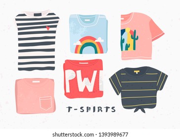 Various summer top clothes. Different t-shirts with cool prints. Hand drawn vector set. Colored trendy fashion illustration. Stamp texture. All elements are isolated