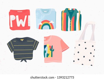 Various summer top clothes. Shirts, t-shirts with cool prints and eco shopping bag. Hand drawn vector set. Colored trendy fashion illustration. Stamp texture. All elements are isolated