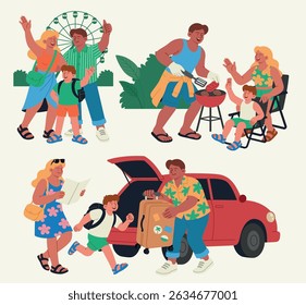 Various summer vacation moments of a family