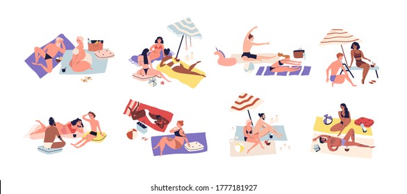 Varios solárium en vacaciones de verano en la playa. Conjunto de parejas que practican yoga, mienten, refrescan, relajan. Lounge en verano en ilustración vectorial plana aislada en fondo blanco