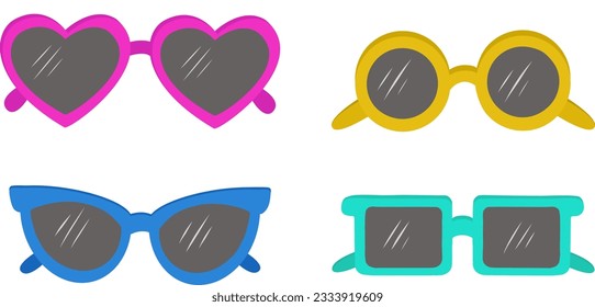 Varias gafas de sol. Diferentes formas, colores. Marco de plástico y metal. Ilustración vectorial moderna, dibujada a mano. Un conjunto de elementos de diseño. Objetos aislados. Accesorios de moda de verano, cono de protección solar