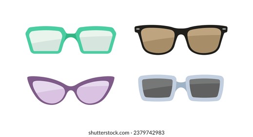 Se pusieron varias gafas de sol. Diferentes formas de anteojos. Protección de los ojos frente al sol. Estética y elegancia. Etiquetas de medios sociales. Colección vectorial plana de dibujos animados aislada en fondo blanco