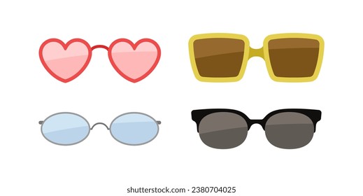 Verschiedene Sonnenbrillen stehen bereit. Unterschiedliche Formen von Brillen. Schutz der Augen vor der Sonne. Mode und Stil. Trendkleidung für den Sommer. Cartoon-FlachVektorgrafik, einzeln auf weißem Hintergrund