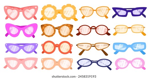 Various Sunglasses set. Different shapes, colors. Plastic, metal frame. Hand drawn modern. Design elements set. 