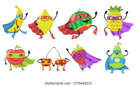 Various superhero fruits flat icon set. Comic cartoon super banana, apple, strawberry, watermelon, pear, pineapple and lemon vector illustration collection. Healthy diet and food concept