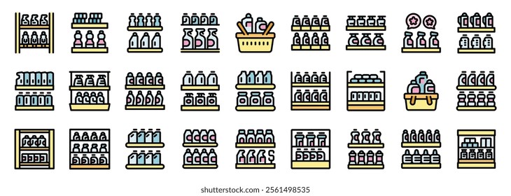 Various supermarket shelves displaying a wide array of products, including bottles, jars, and boxes, with a shopping basket filled with groceries